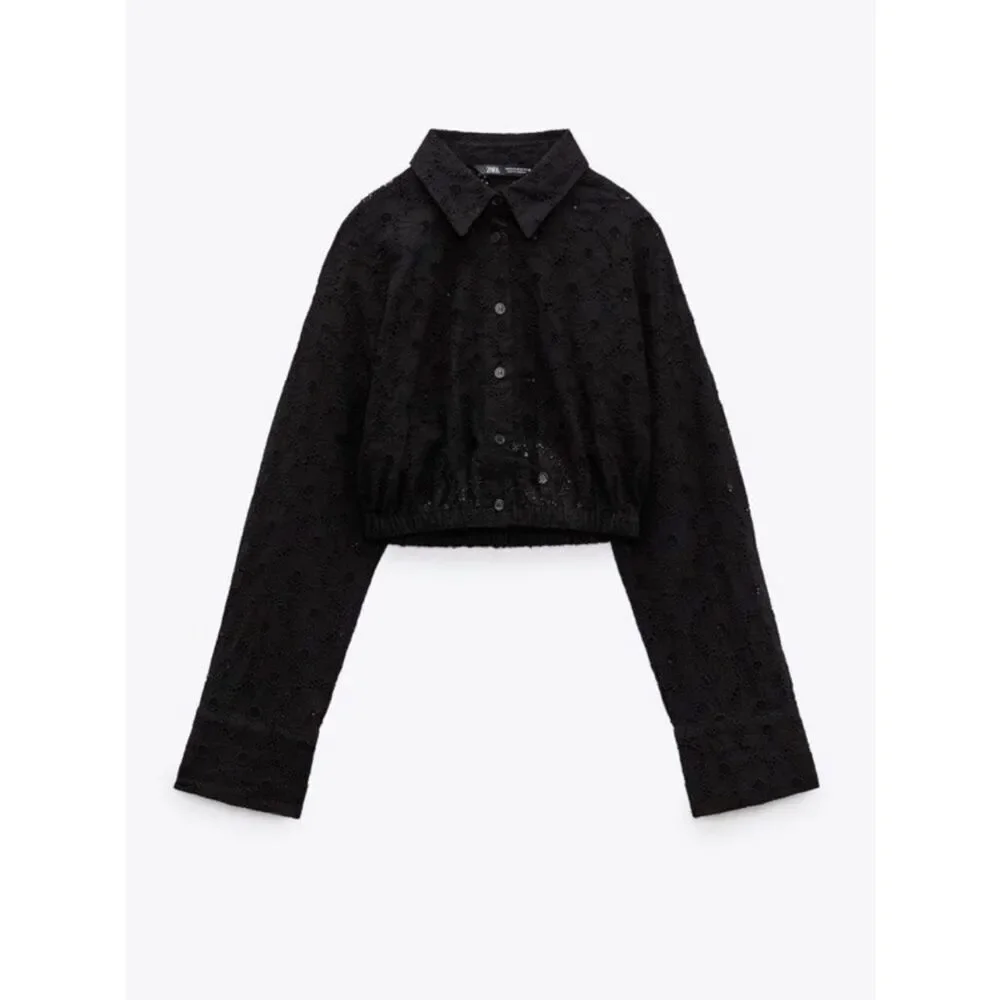 Zara Black Embroidery Eyelet Crop Button Down Top(Size XS)